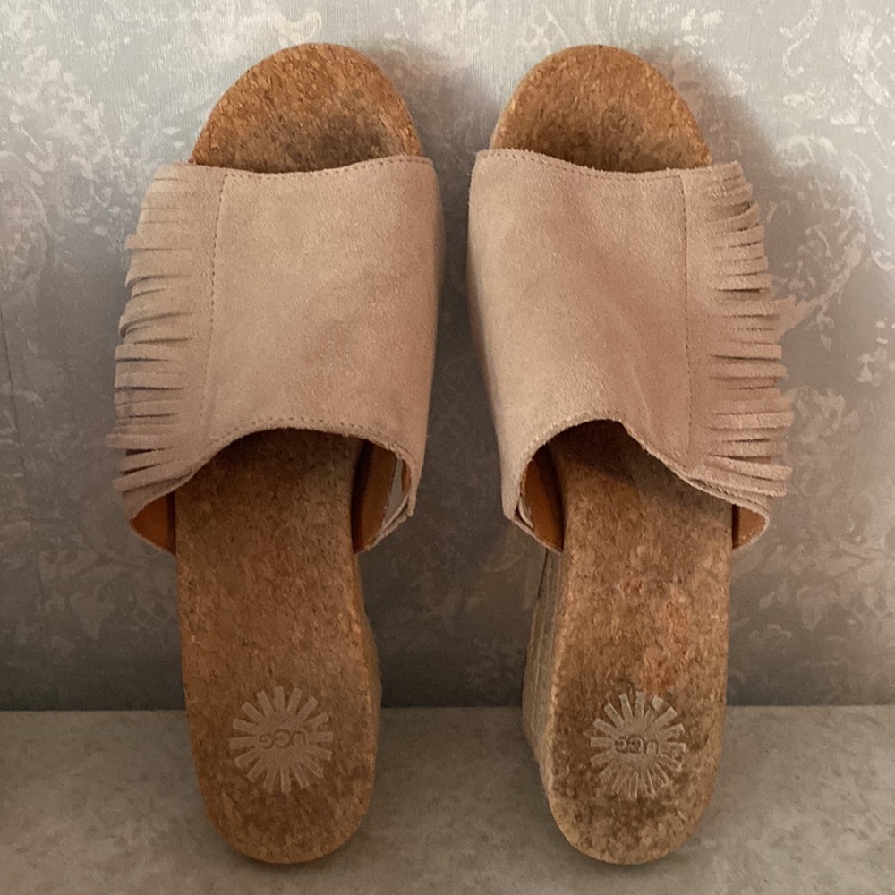 UGG Cream Tan Wedges with Fringe Detail